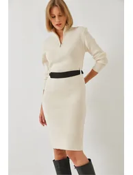 فستان محبوك طويل بحزام بسحاب - 1