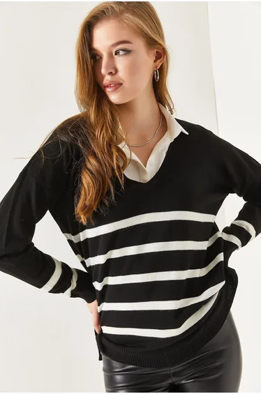 Women's Black V-neck Striped Short Front Long Back Sweater