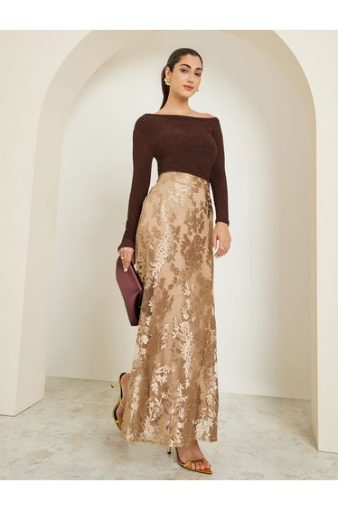Women Gold Lace Pencil Maxi Skirt