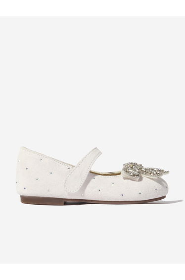 BABYWALKER Girls Suede Swarovski Bow Ballerinas in White
