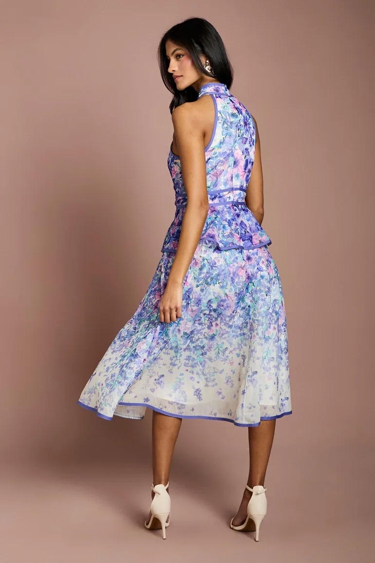Petite Placement Print Organza Halterneck Midi Dress - 2