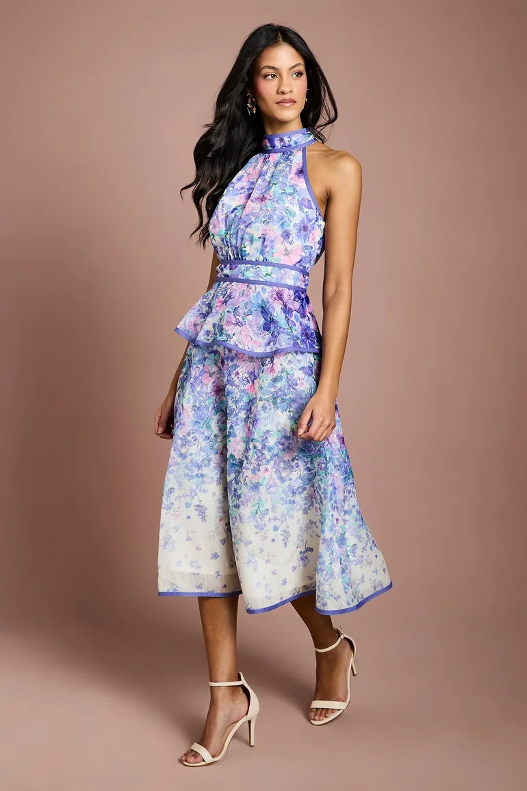 Petite Placement Print Organza Halterneck Midi Dress