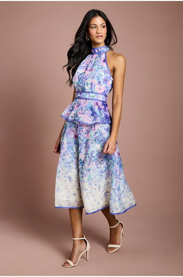 Petite Placement Print Organza Halterneck Midi Dress
