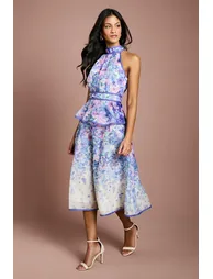 Petite Placement Print Organza Halterneck Midi Dress