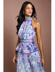 Petite Placement Print Organza Halterneck Midi Dress - 1