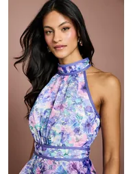 Petite Placement Print Organza Halterneck Midi Dress - 3