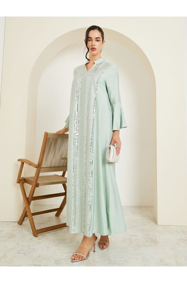 Women Green Sequin Embellishment Jalabiya