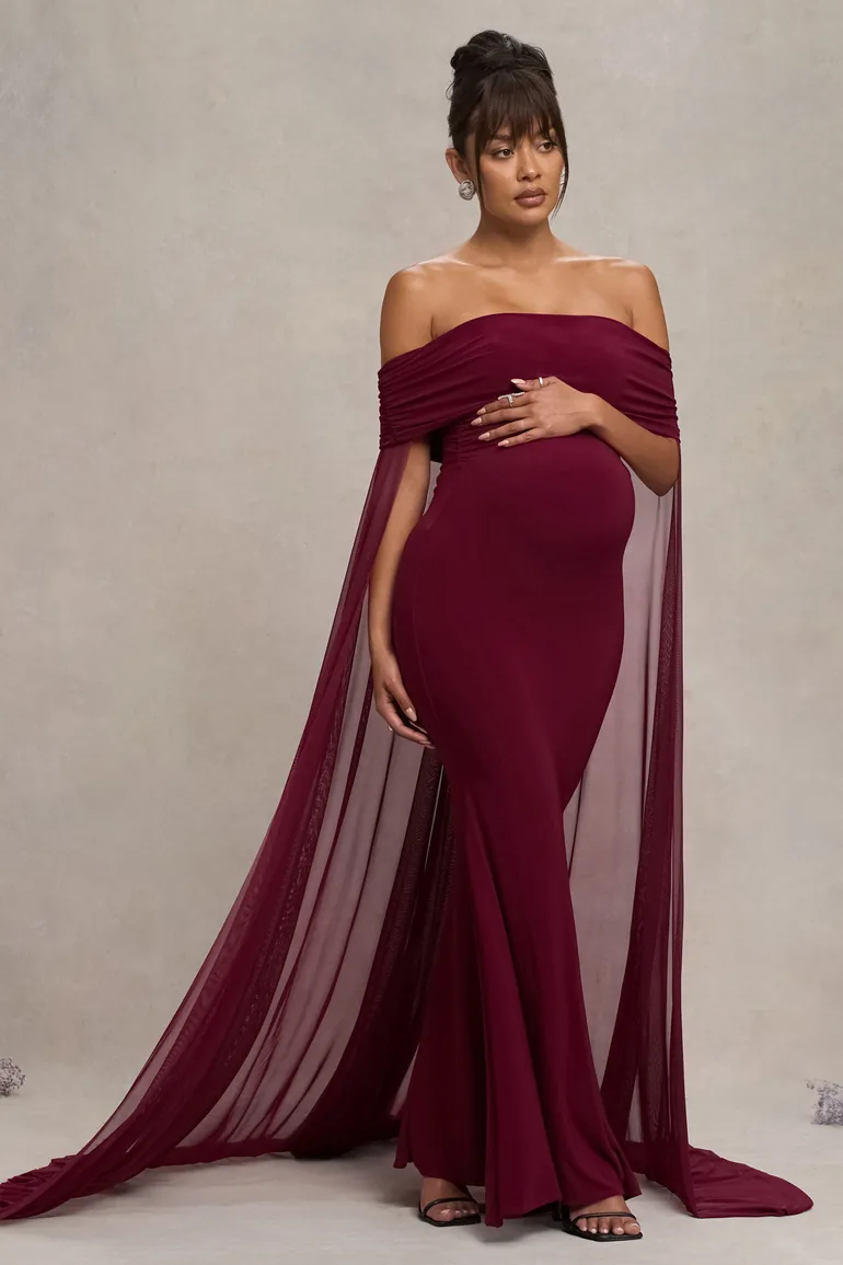 Shop Carlotta | Berry Bardot Maternity Maxi Dress With Chiffon Cape Online  in Bahrain