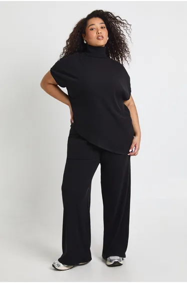 Plus Asymmetric Flowing Cape Top And Trouser Lounge Set - black