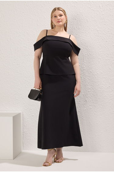 Black Square Neck Drop Sleeve Chic/Night Woven Plus Size Dress