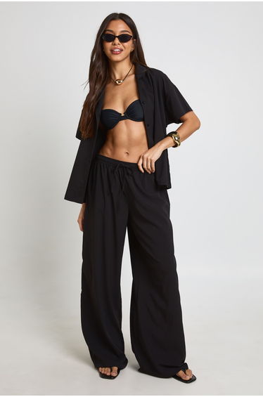Essentials Oversized Textured Short Sleeve Beach Shirt - black