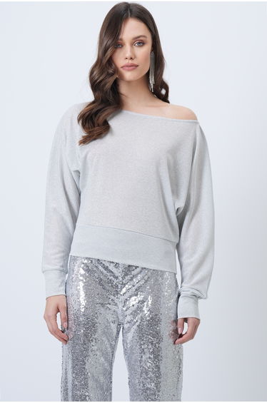 Women's Silvery Gray Boat Neck Batwing Sleeve Silvery Knitted Blouse