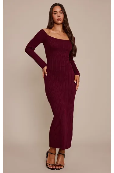 Burgundy Fine Knit Off the Shoulder Maxi Dress