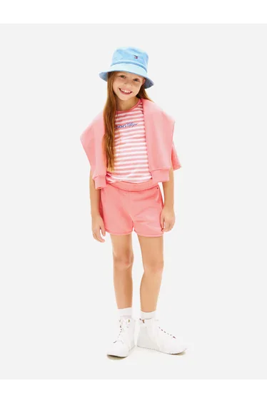 Tommy Hilfiger Girls Glitter Logo Striped Short Set in Pink
