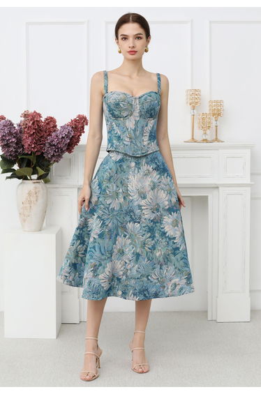 Vintage Flower Canvas Bustier Top in Blue