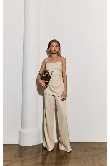 Oyster Woven Ruched Bodice Overlay Straight Leg Jumpsuit