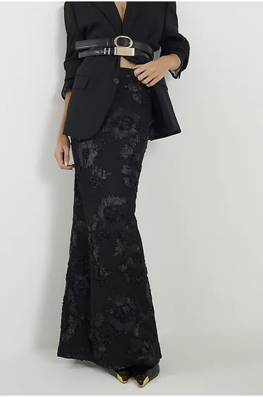 تنورة ماكسي بتطريز بطبعة أزهار - أسود
