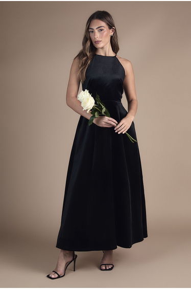 Velvet Halterneck Bow Back Maxi Dress