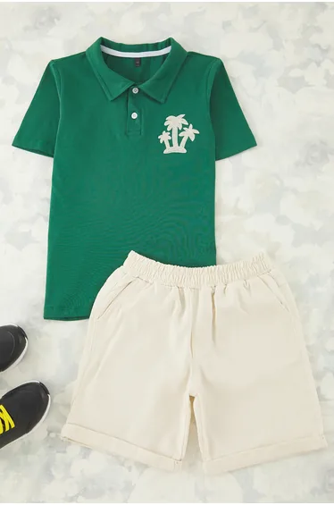 Green Boy 100% Cotton Embroidered Polo Collar Short Sleeve Knitted Top-Bottom Set