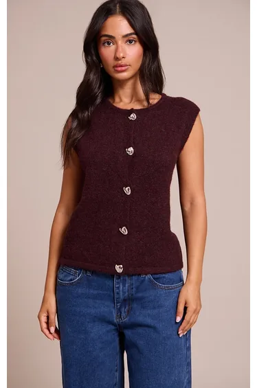 Petite Burgundy Button Up Knitted Vest