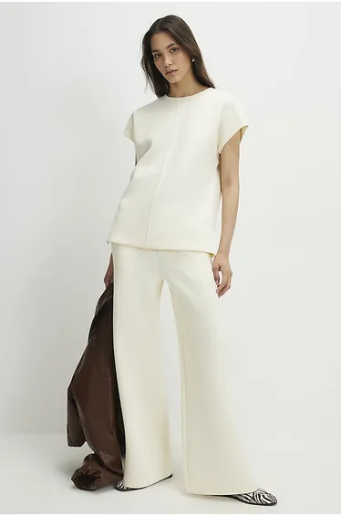 Cream Premium Twill Wide Leg Joggers