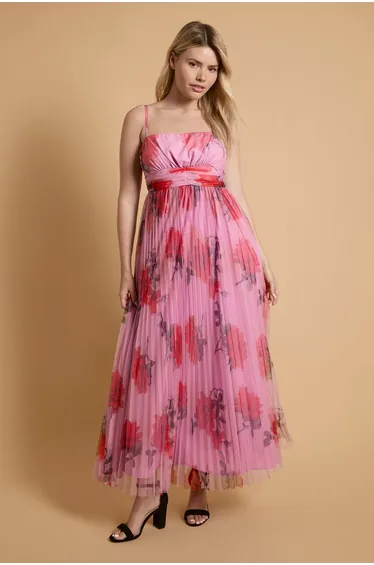 Pleated Mesh Maxi Dress