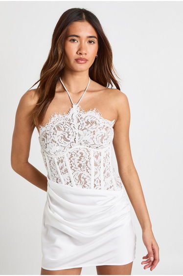 Halter Lace Corset Drape Skirt Mini Dress - white
