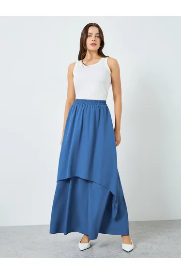 Women Blue Double-Layer Ruffled Maxi Skirt