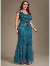 ever CABARET|Sequin Drop Shoulder Sleeve Beaded Formal Dress - 7