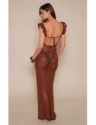 Chocolate Textured Frill Straps Maxi Dress - 1
