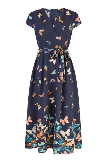 Yumi Navy Butterfly Print Dip Hem Midi Wrap Dress product thumbnail 3