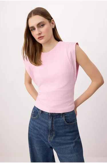 Pink Regular/Normal Fit Sleeveless Accessory Detail Tok 100% Cotton Knitted T-Shirt
