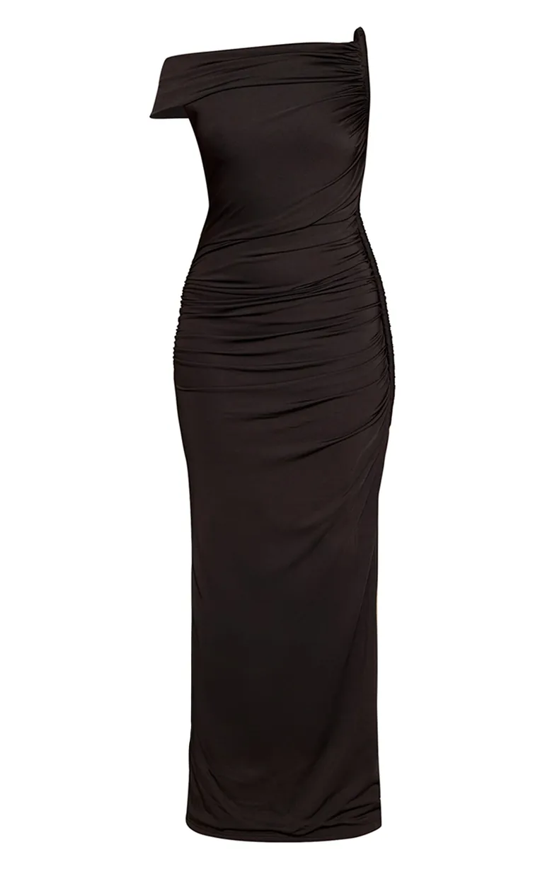 Black Slinky Twist Shoulder Detail Maxi Dress - 4