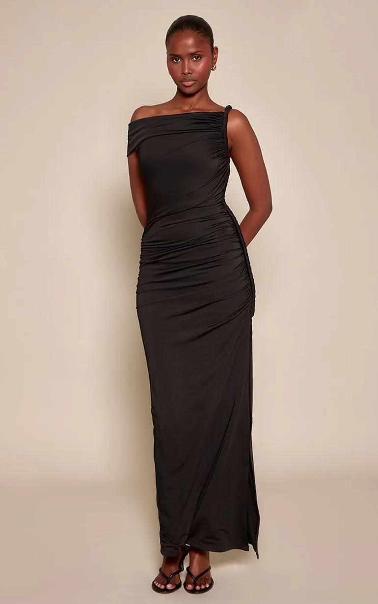 Black Slinky Twist Shoulder Detail Maxi Dress - 2