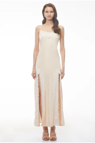 Sienna Neutral Satin Maxi Dress with High Slit