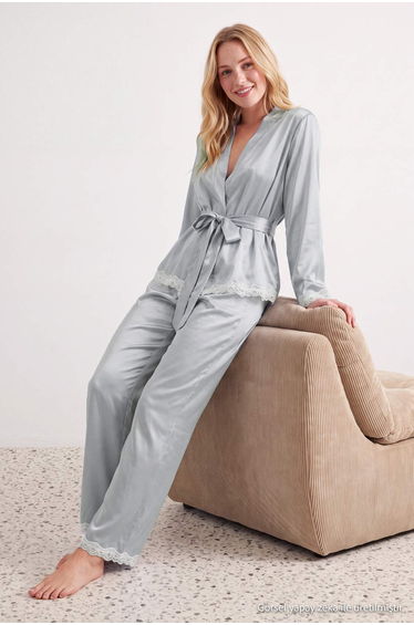 Blue Lace Detailed Satin Woven Pajama Set