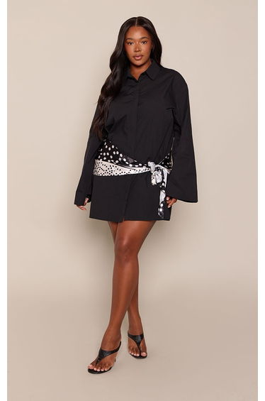 Plus Black Poplin Scarf Wrap Detail Shirt Dress