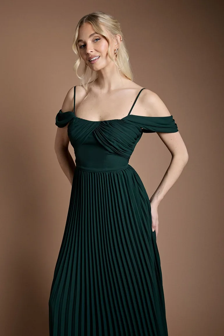 Bardot Pleated Maxi Bridesmaid Dress - 1