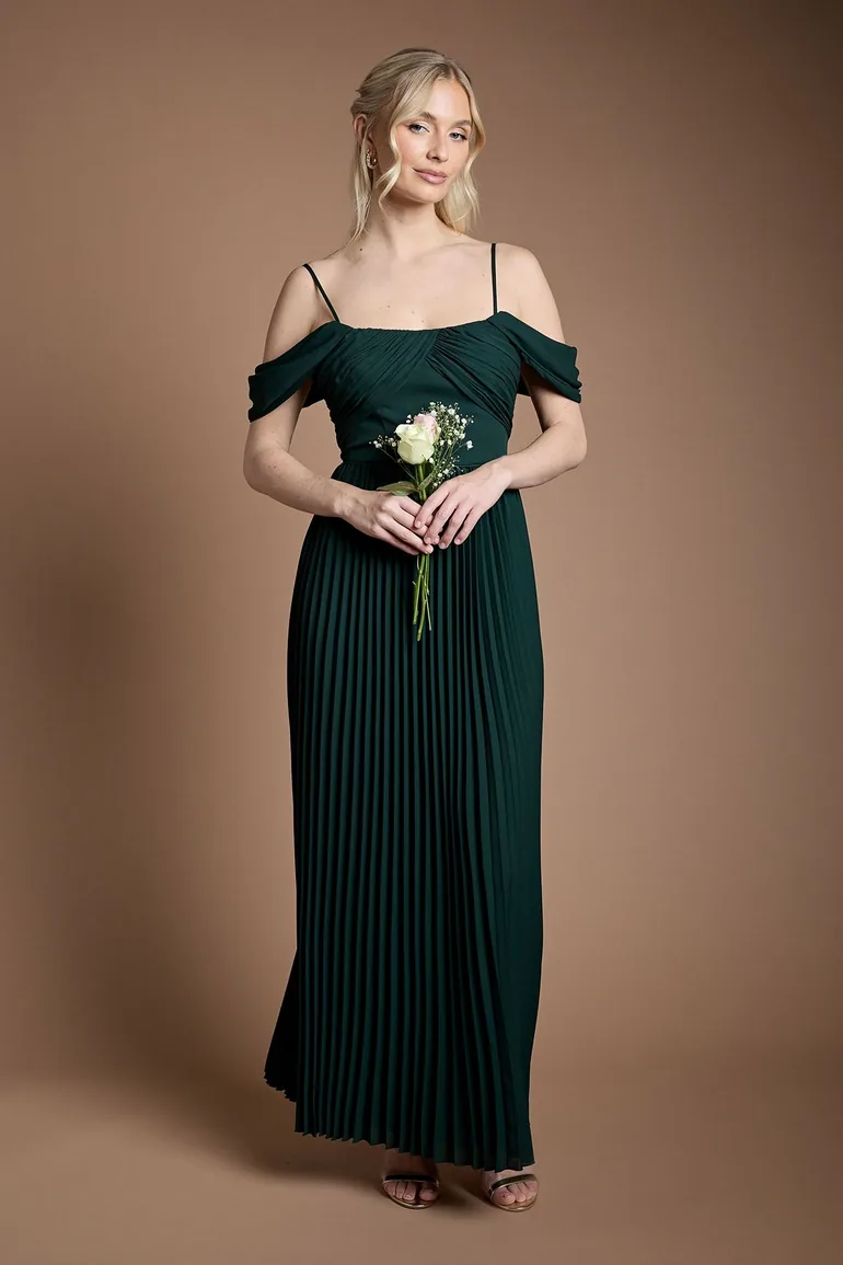 Bardot Pleated Maxi Bridesmaid Dress