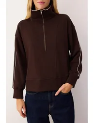 Brown Zippered Polo Collar Stripe Detailed Regular Cut Knitted Sweatshirt - 2
