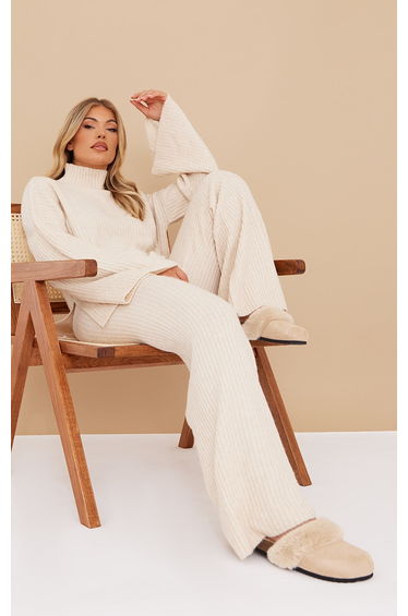 Oatmeal Luxe Rib Knit Wide Leg Trousers