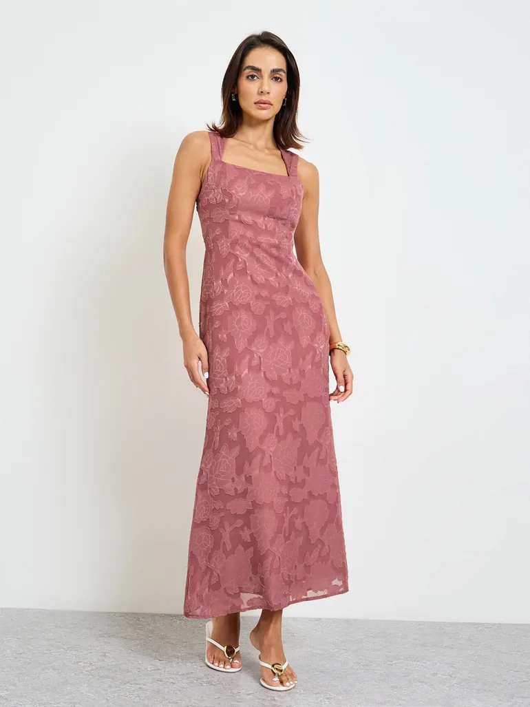 Pink Solid Lace Details Square Neck Midi Dress - 2
