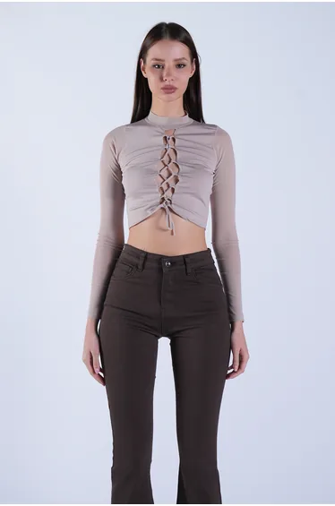 Women's Stone High Neck Lace-Up Front Transparent Sleeve Blouse