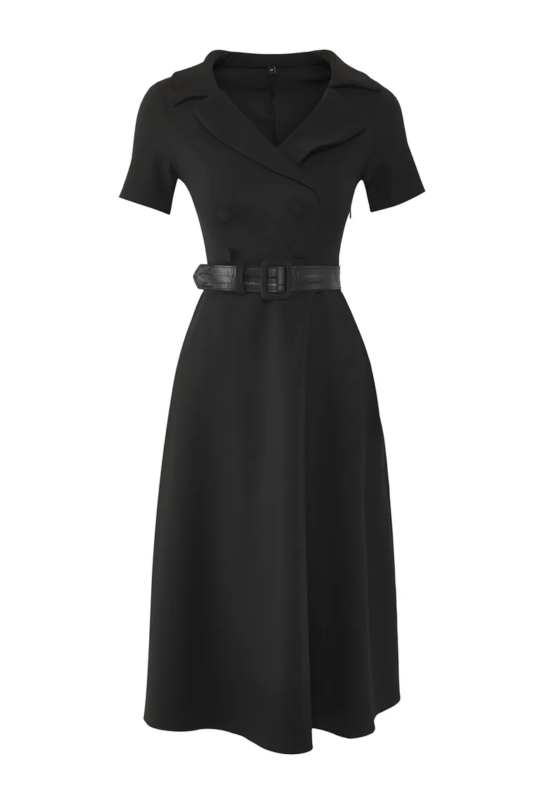 Black Button Detailed Woven Woven Dress