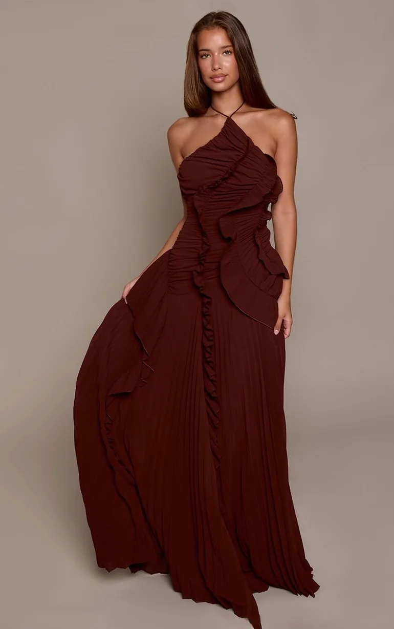 Dark Brown Pleated Frill Halterneck Maxi Dress