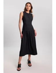 Textured Drop Waist Long Sleeve Woven Midi Dress