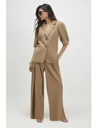 Beige Belted Barrel Leg Trousers