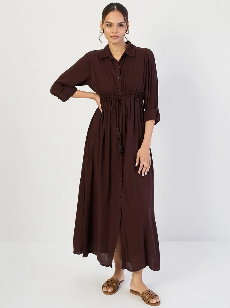 Coffee Brown Crinkled Button Down Maxi Dress - 1