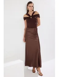 Bronze Satin Woven Long Elegant Skirt - 1