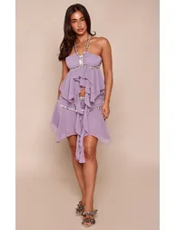 Petite Lilac Halterneck Embellishment Flowy Cami Top Co-ord
